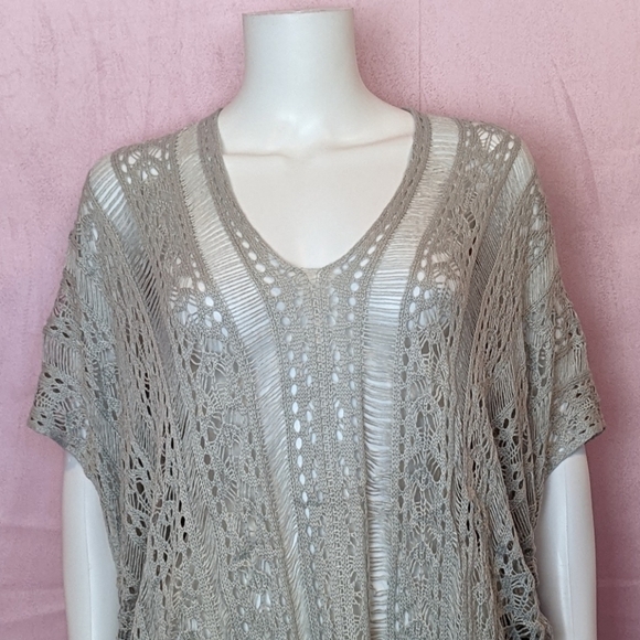 Light Gray Crochet Knit Drawstring Sides V Neck Swim Beach Cover Up One Size - Picture 2 of 6